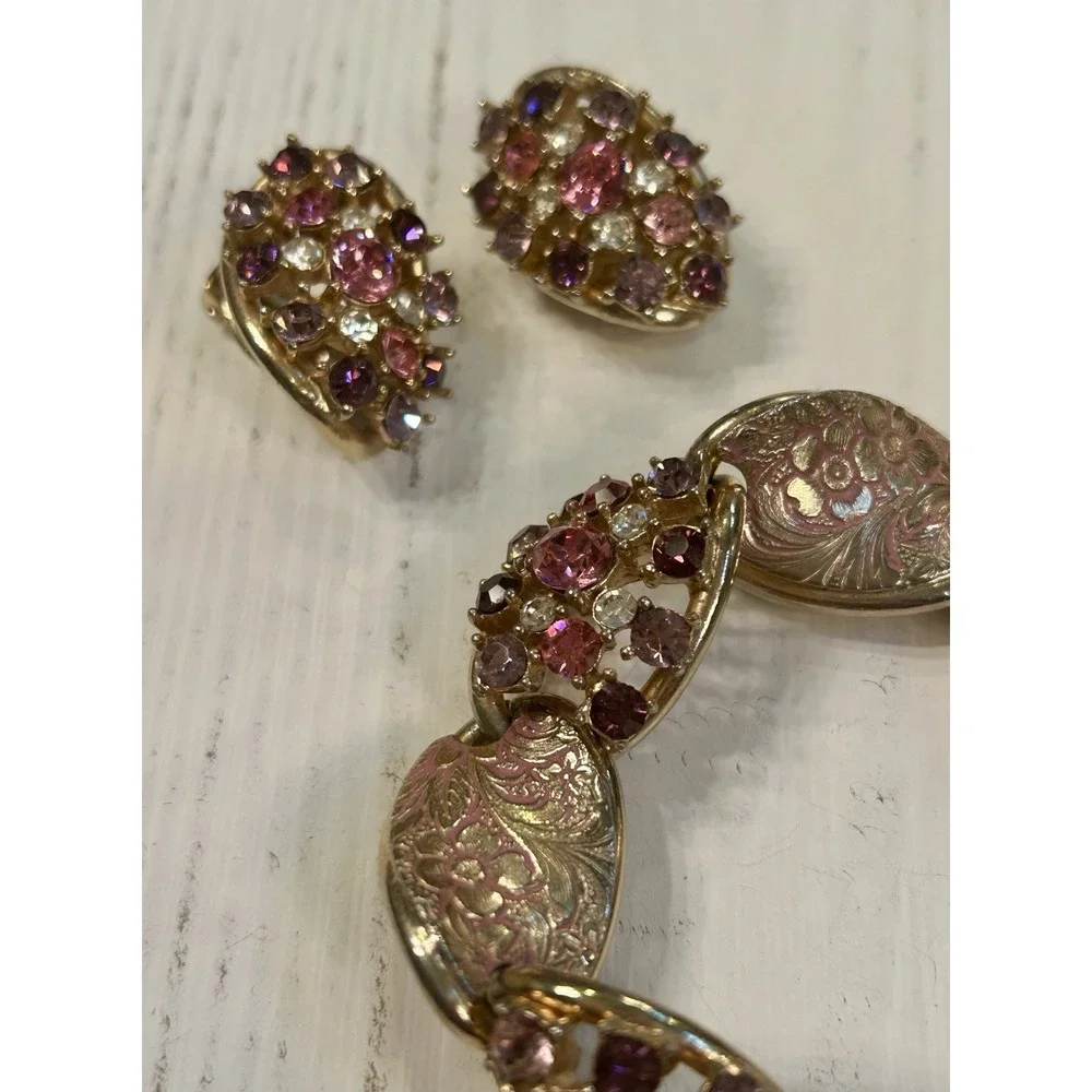 Vintage Rhinestone Enamel Bracelet Earrings Pink Purple Gold Floral Demi Parure‎